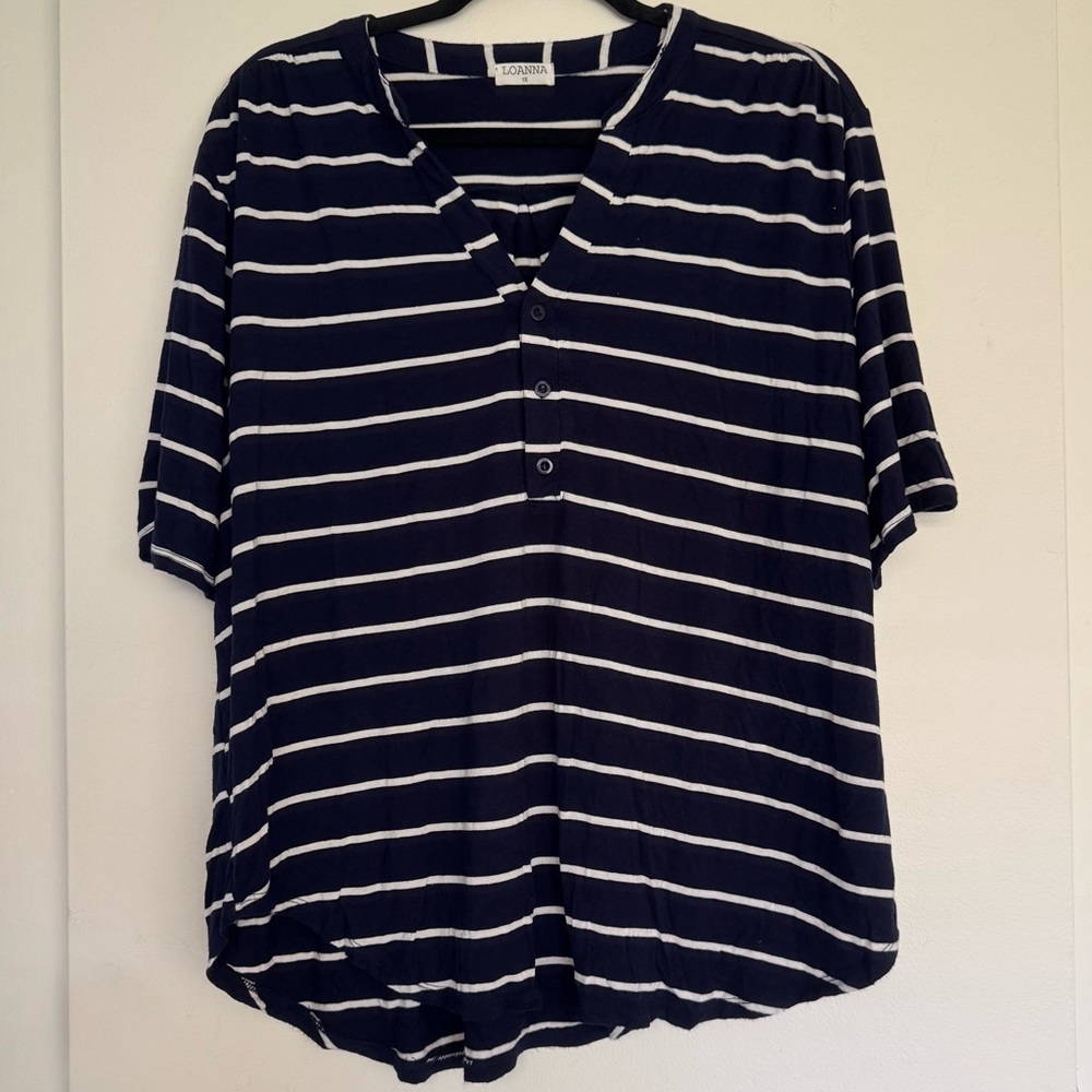 Women’s Short Sleeve Plus Size Shirt 1X Navy Blue with White Stripes